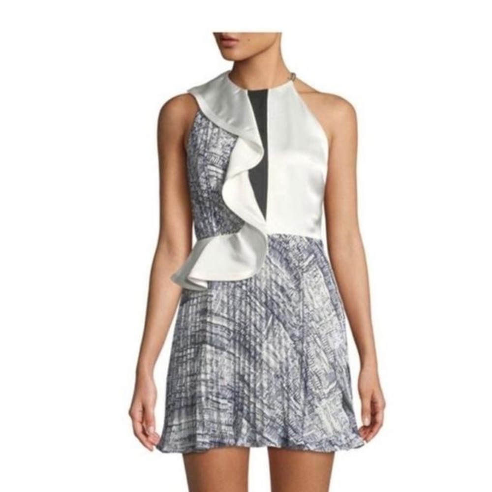 SELF-PORTRAIT WHITE & NAVY RUFFLE HALTER CHAIN BELT MINI DRESS SIZE 6